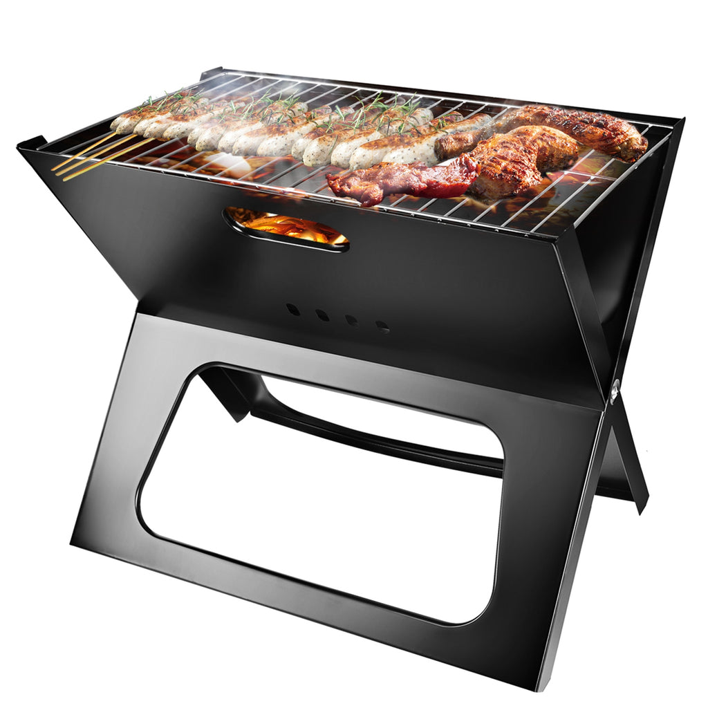 Black foldable charcoal grill with wire cooking surface and side vent opening