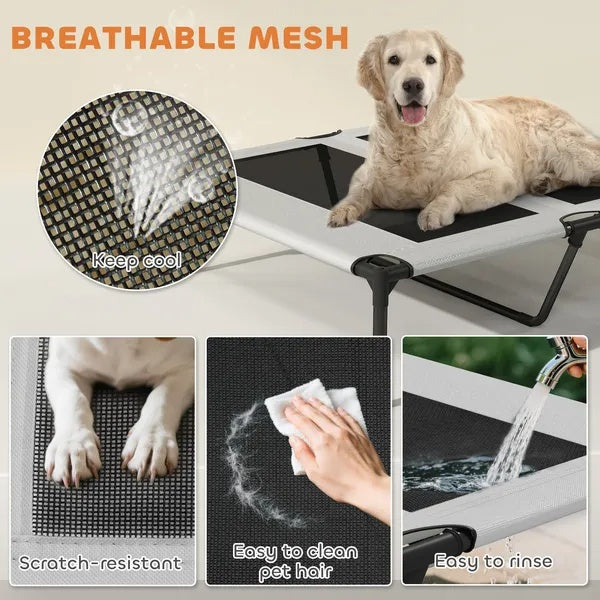 Grey breathable mesh dog cot bed with cooling pad, golden retriever resting