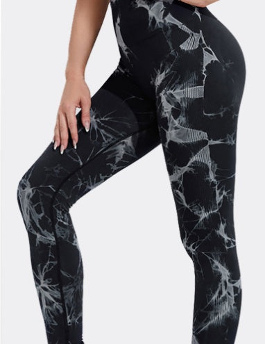 Women’s high-waist tie-dye seamless leggings, black with light abstract pattern