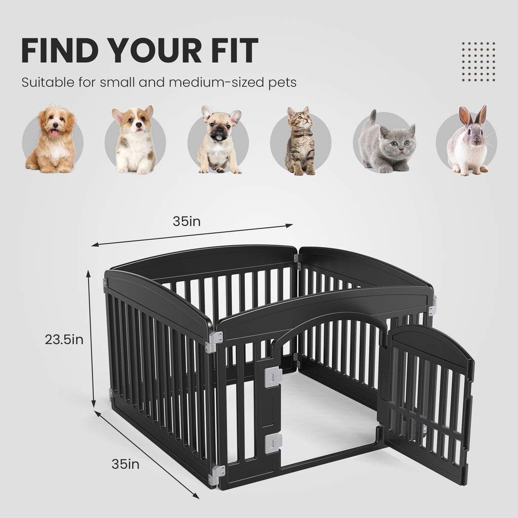 Black 4-panel foldable dog playpen fence shown in open corner layout with base frame