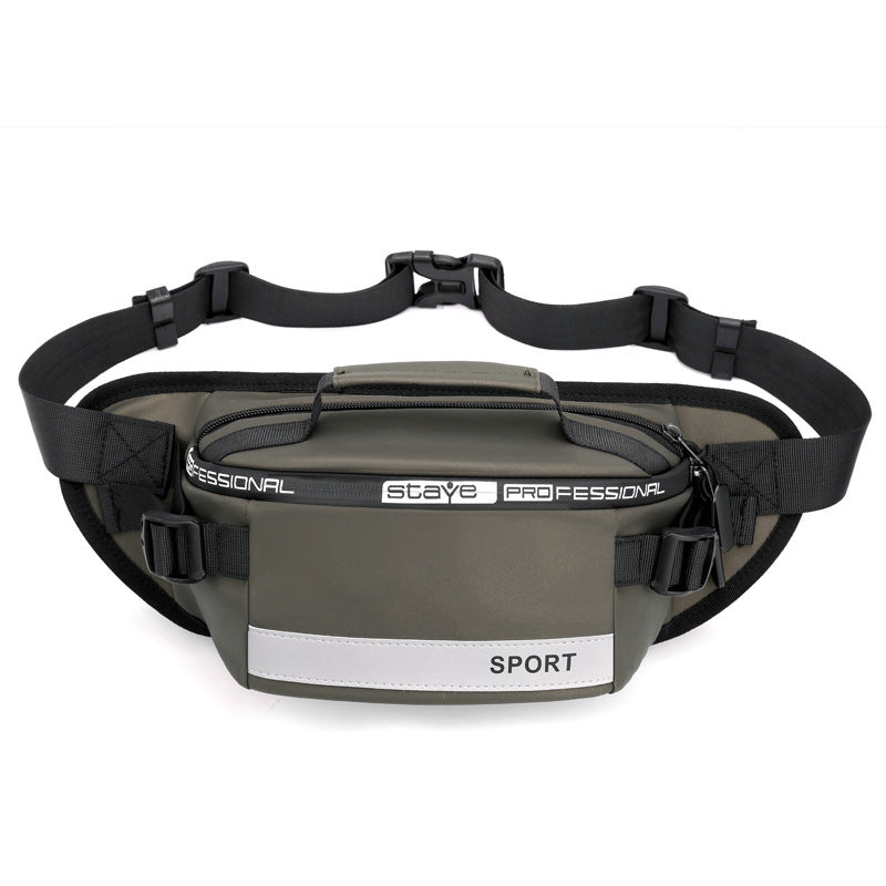 Gray waist bag with black straps, front zip pocket, and SPORT label badge