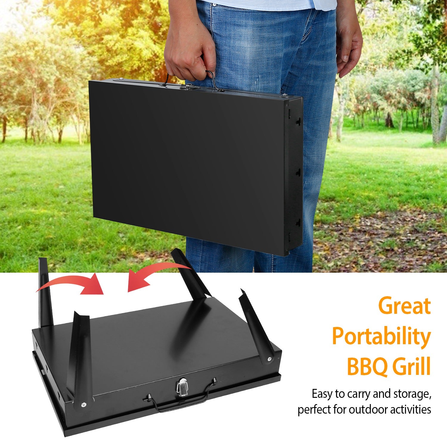 Black foldable BBQ grill being carried, compact base with latch and folding frame
