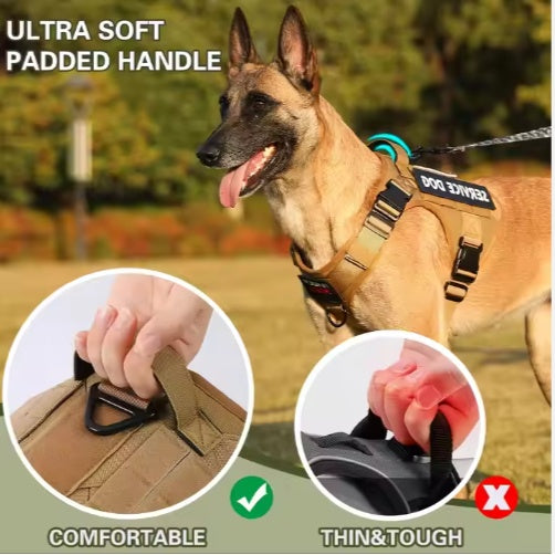 Tan service dog harness vest with padded handle loop for comfortable control