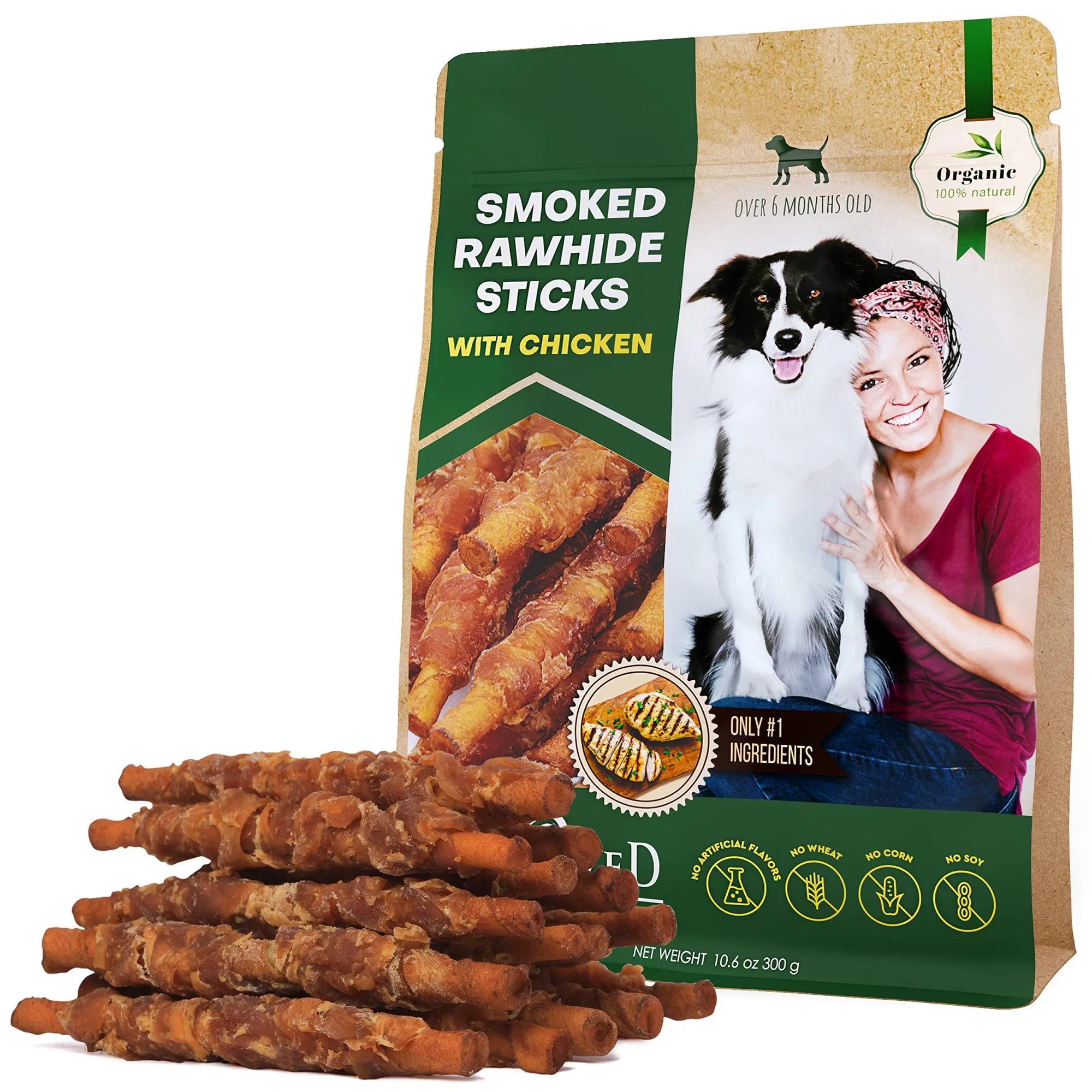 Smoked rawhide sticks with chicken dog chews in a stand-up package bag