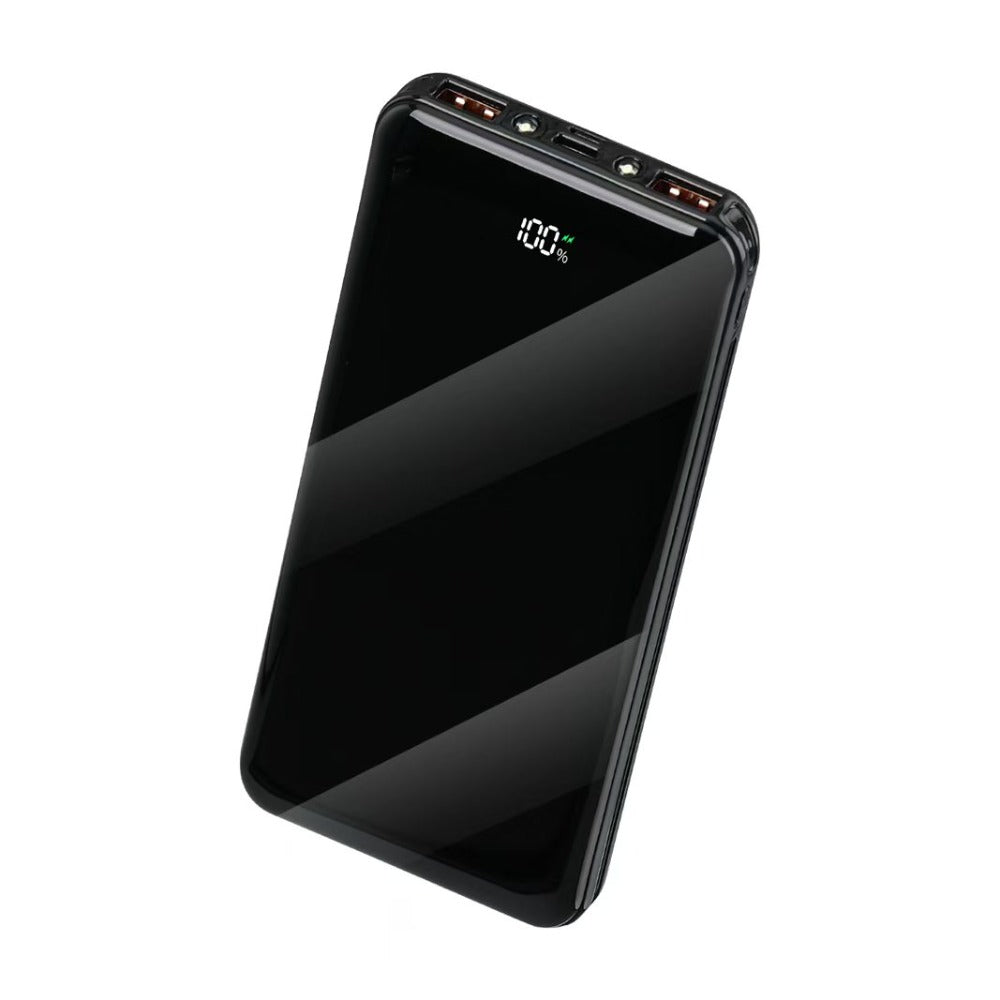 Compact portable power bank in black with dual USB ports and battery % display