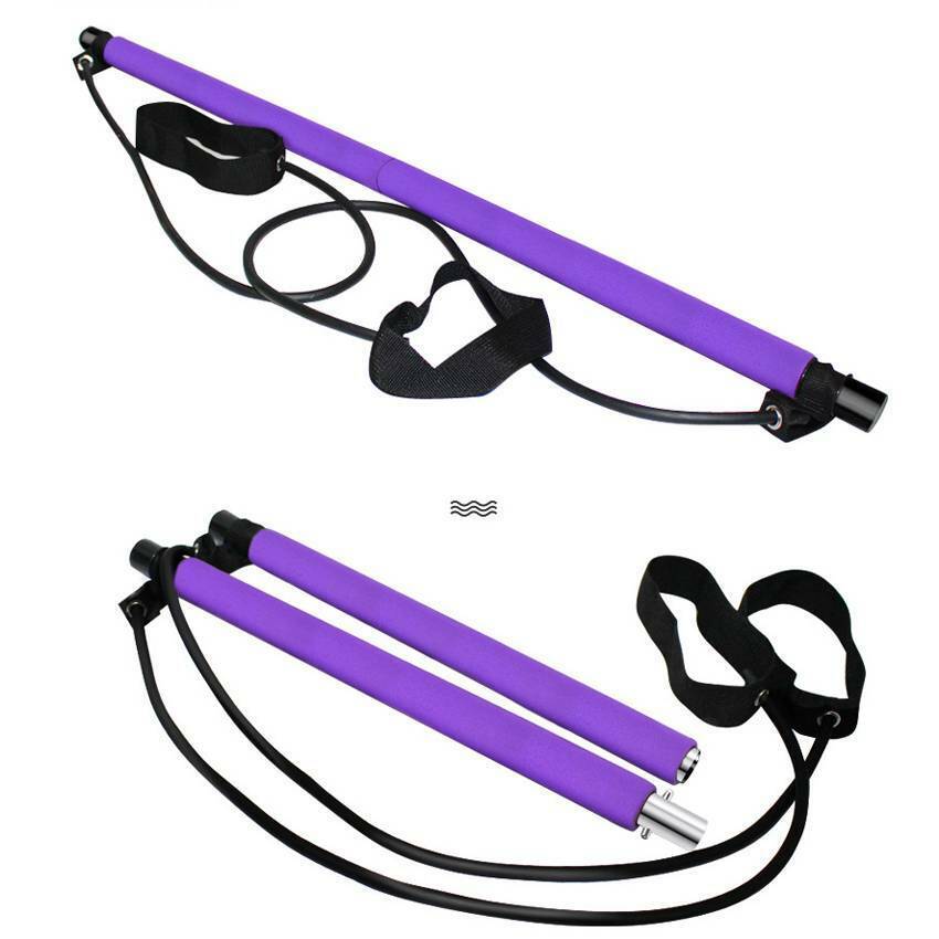 Purple Pilates resistance stick with foot pedal strap and two tension cords