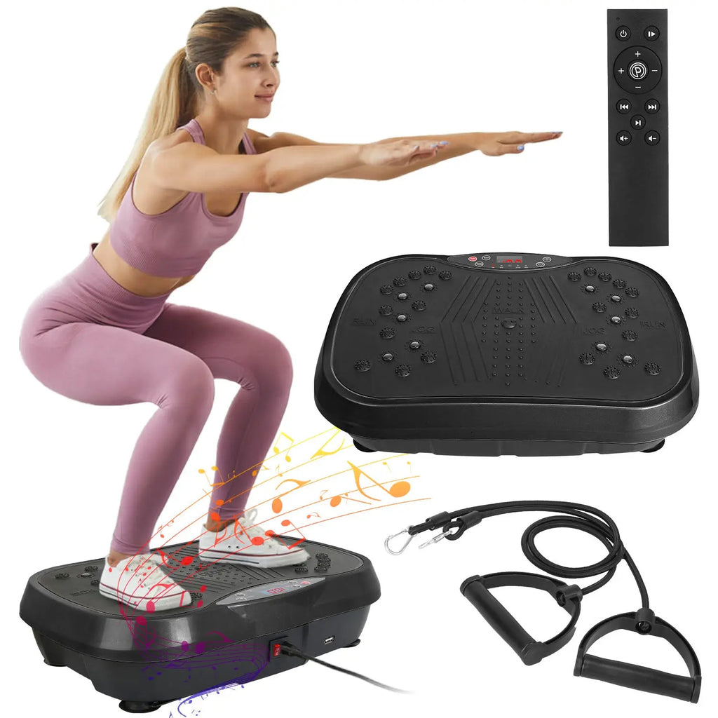 Black vibration plate with raised massage dots, remote control, and resistance band handles