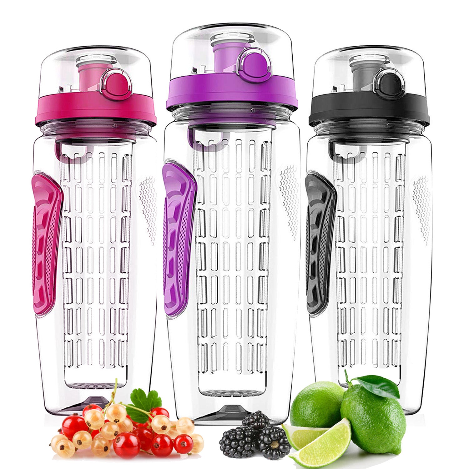 Three 32oz fruit infuser water bottles in purple, clear, and black with flip-top lids