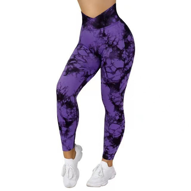High-waist tie-dye seamless leggings in purple with black abstract print