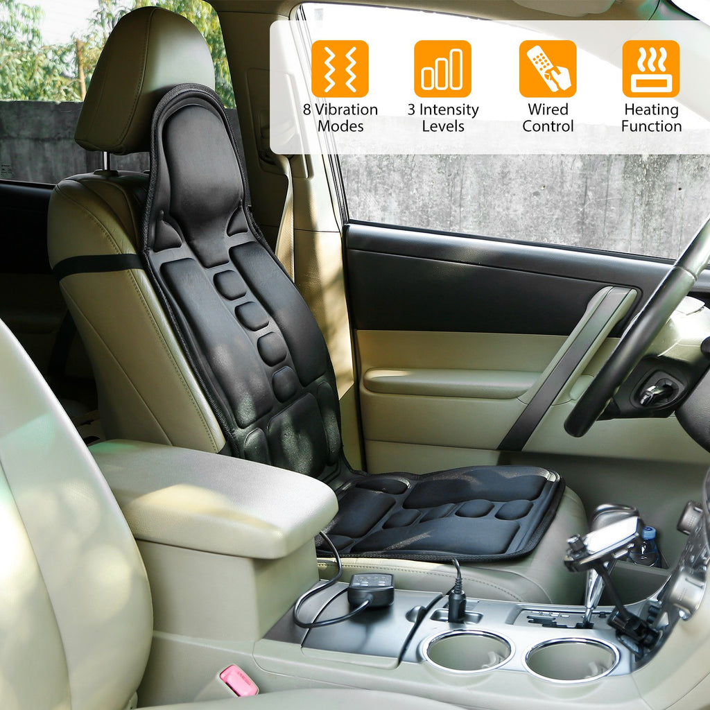 Black seat massage cushion with raised vibration pad sections on a car seat