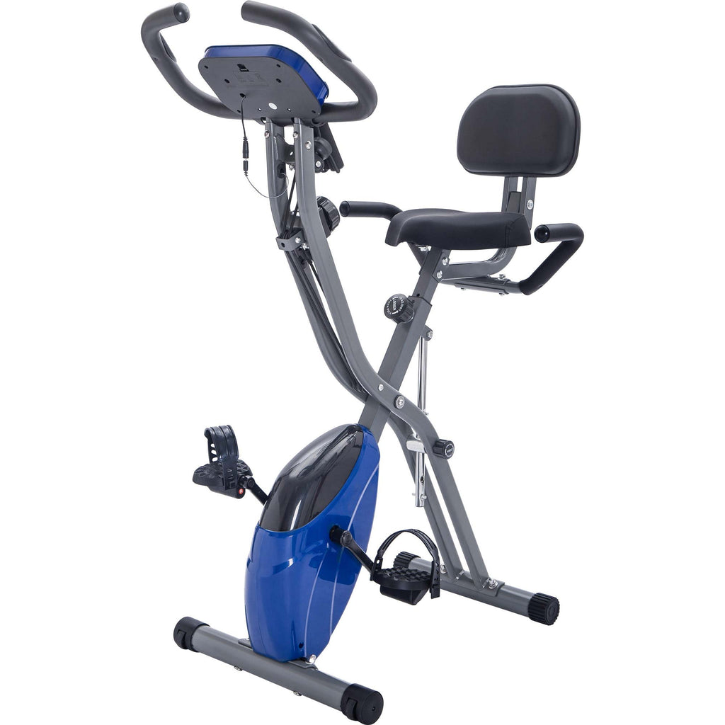 Folding exercise bike with blue flywheel housing, gray frame, and black padded seat