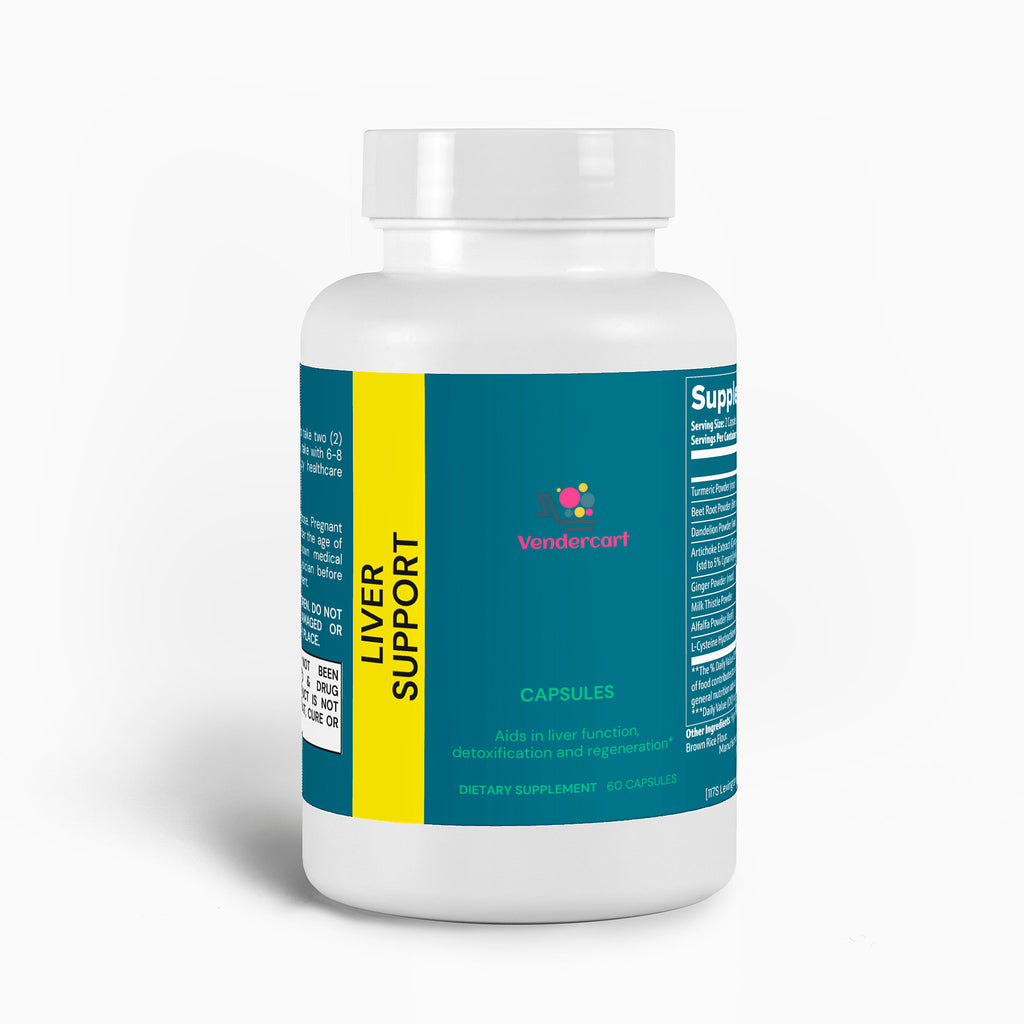 Liver support supplement bottle front view, teal label with yellow stripe