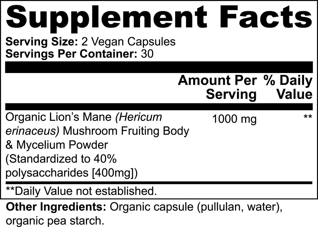Supplement Facts panel for Lion's Mane Mushroom, listing 1000 mg per serving.
