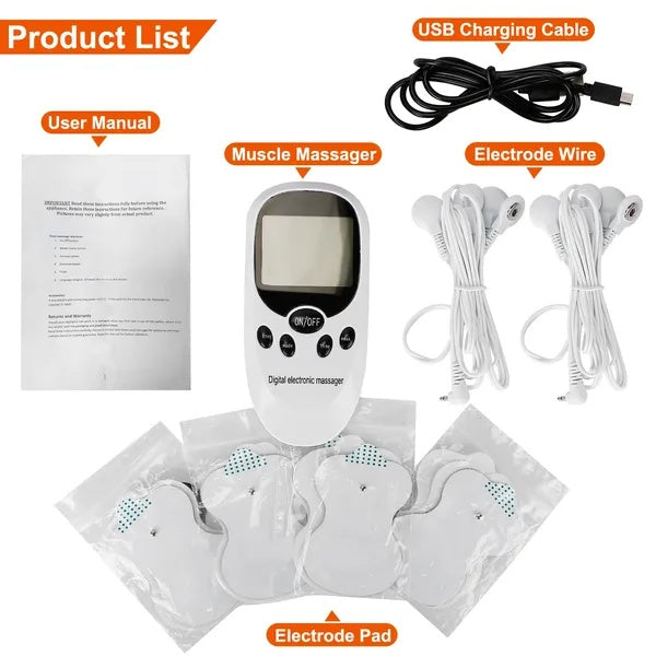 White dual-channel TENS massager kit with USB cable, electrode wires and pads