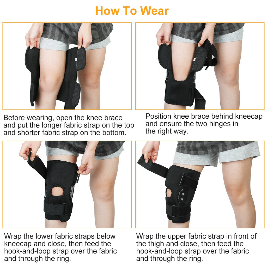 Black hinged open-knee brace worn over shorts; top and bottom straps fastened