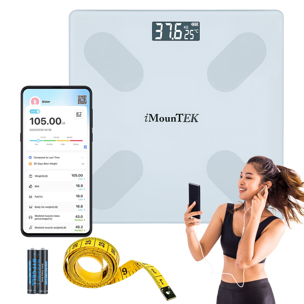 White smart body scale with LCD readout, app screen, and measurement tape