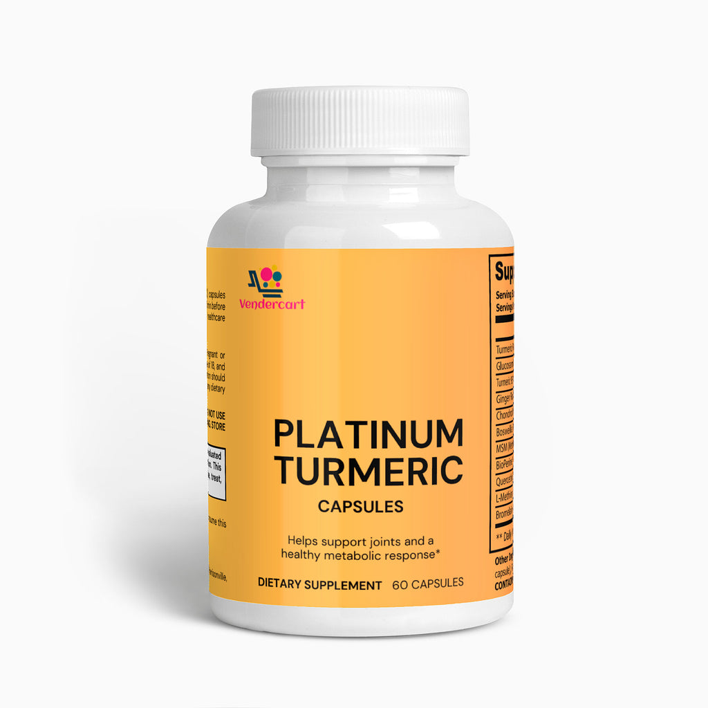 Platinum Turmeric bottle front view with white cap and orange label