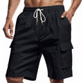 Black men’s drawstring cargo shorts with elastic waistband and side flap pockets