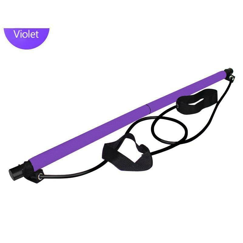 Violet Pilates resistance stick with black foot pedal strap and tension cords