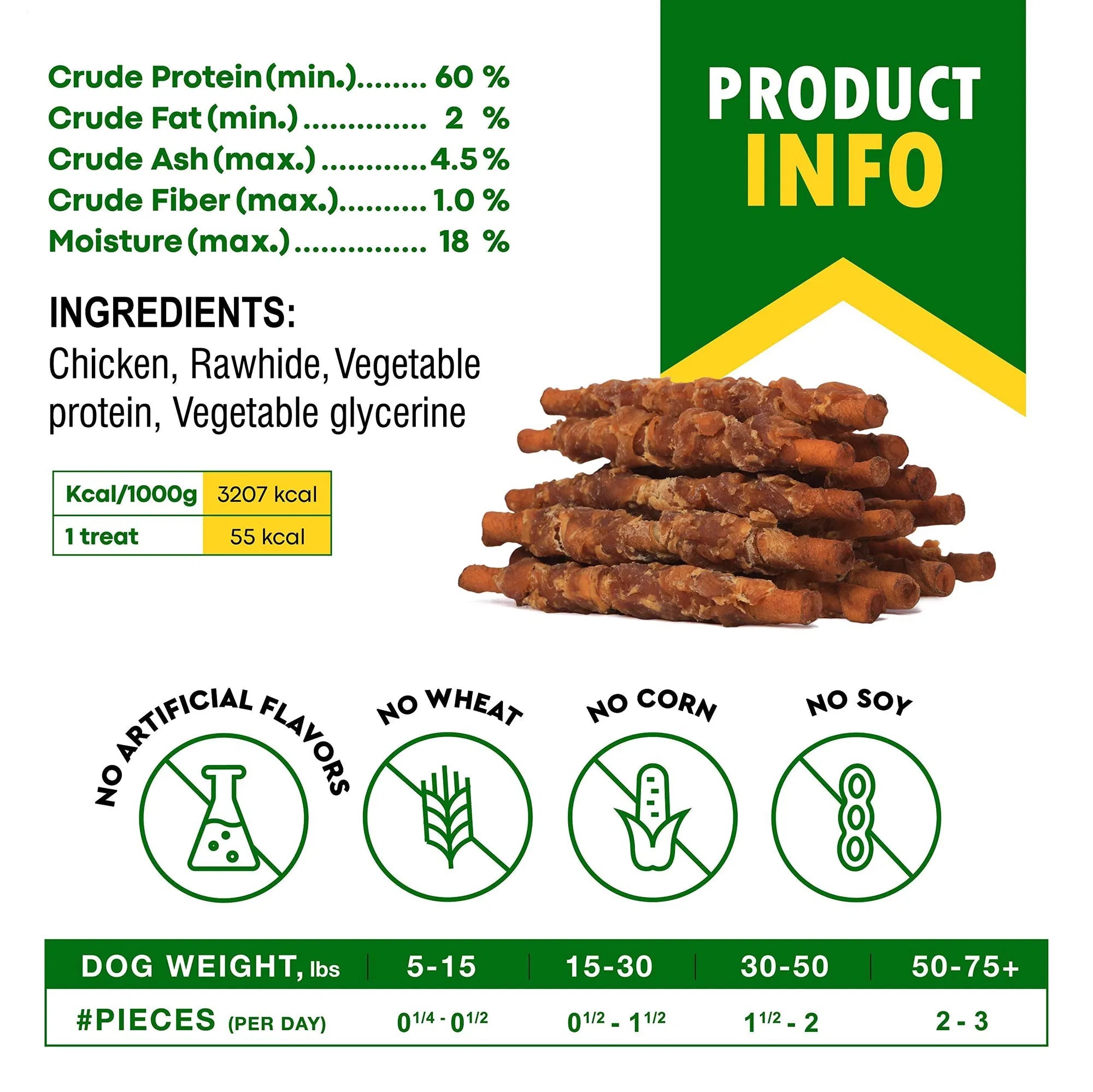 Smoked rawhide sticks product info panel showing ingredients and nutrition