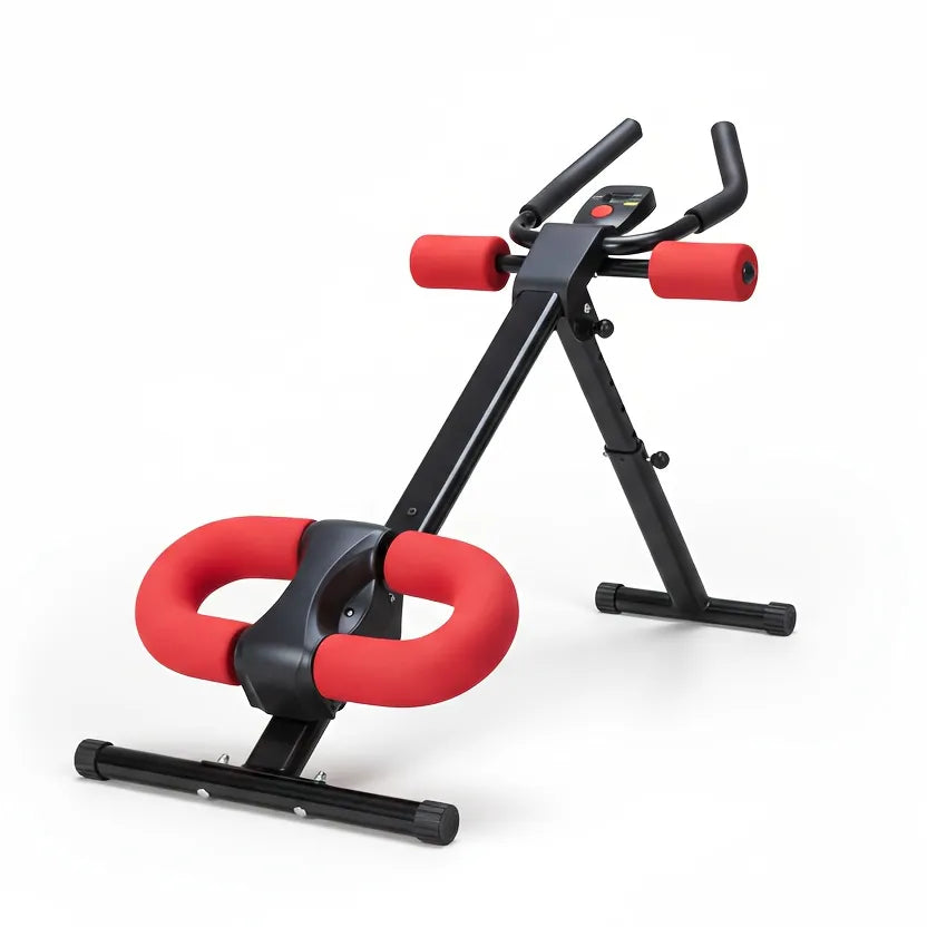 Adjustable ab machine with red knee pads, black frame, and LCD-style control panel