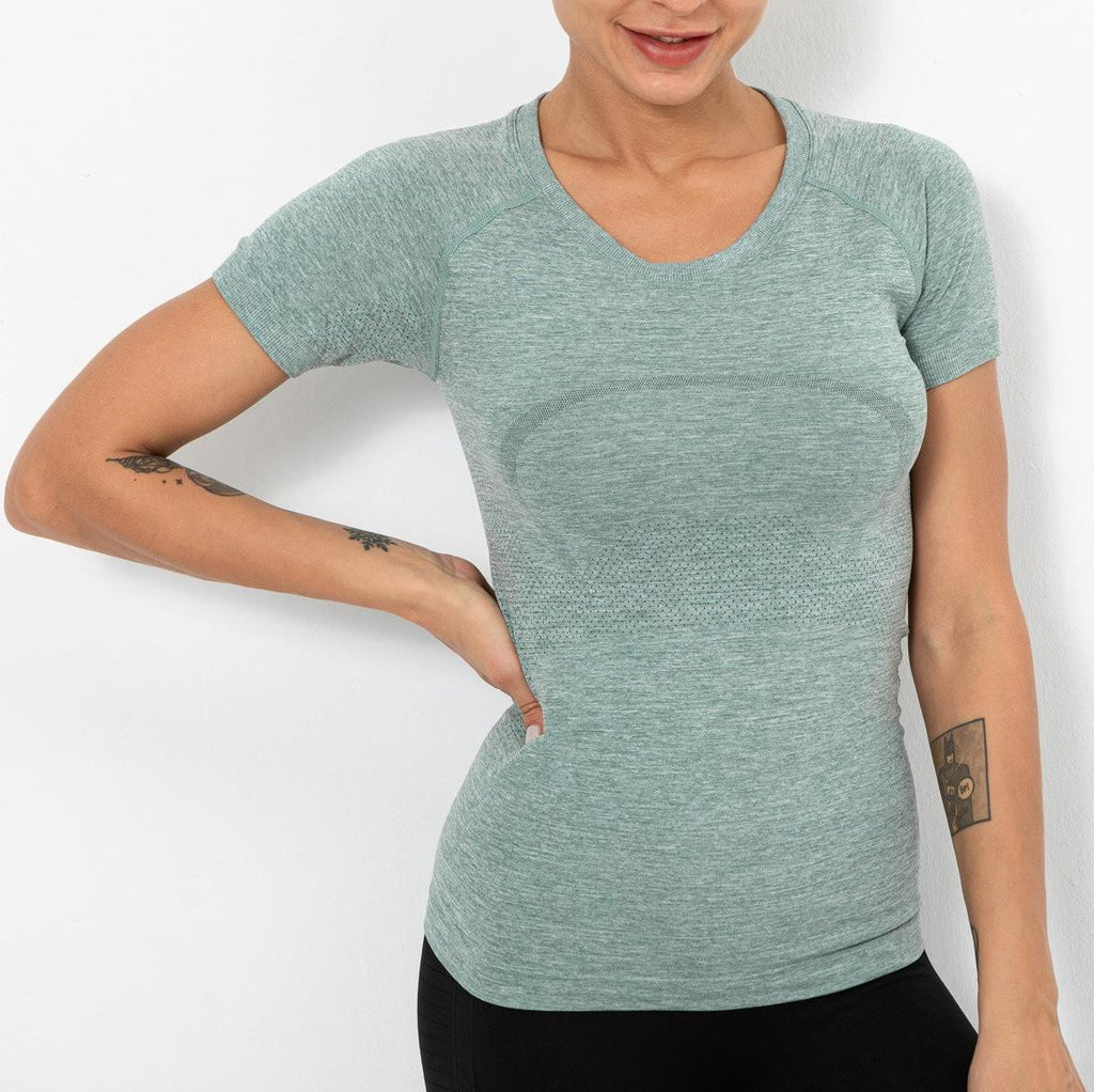 Women’s seamless quick-dry yoga vest, slim fit, teal heather short-sleeve crewneck