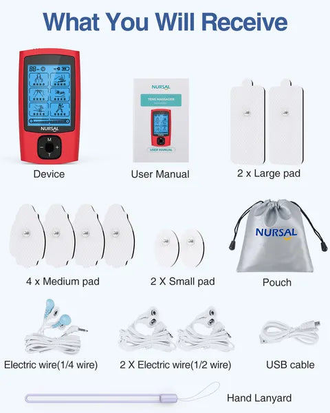 Red TENS unit kit with device, user manual, pouch, pads, and USB charging cable