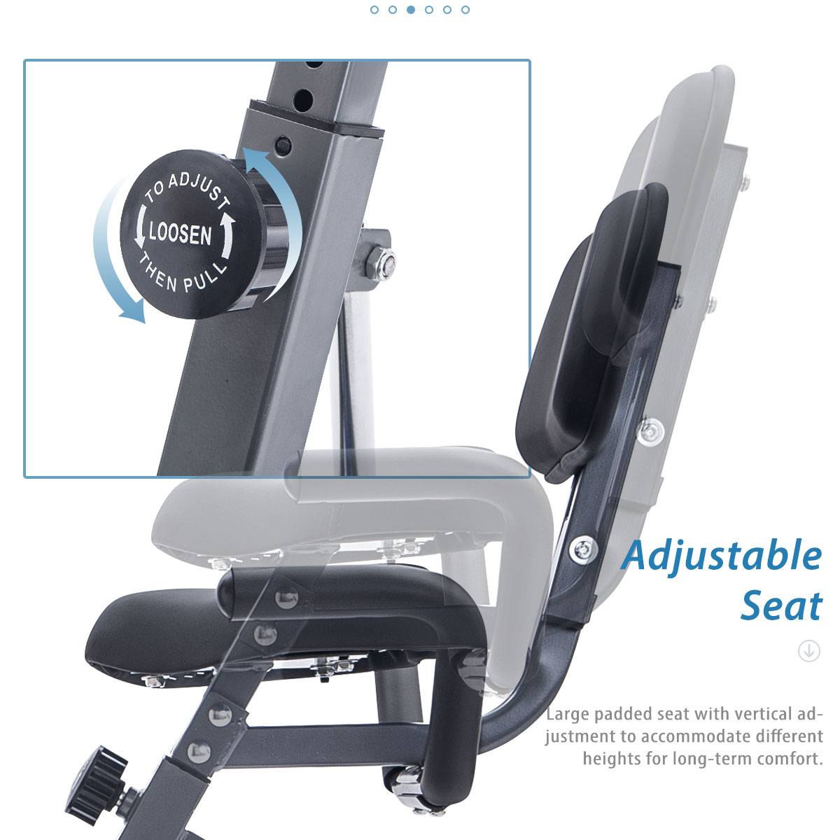 Folding exercise bike seat and adjustment knob on gray seat post