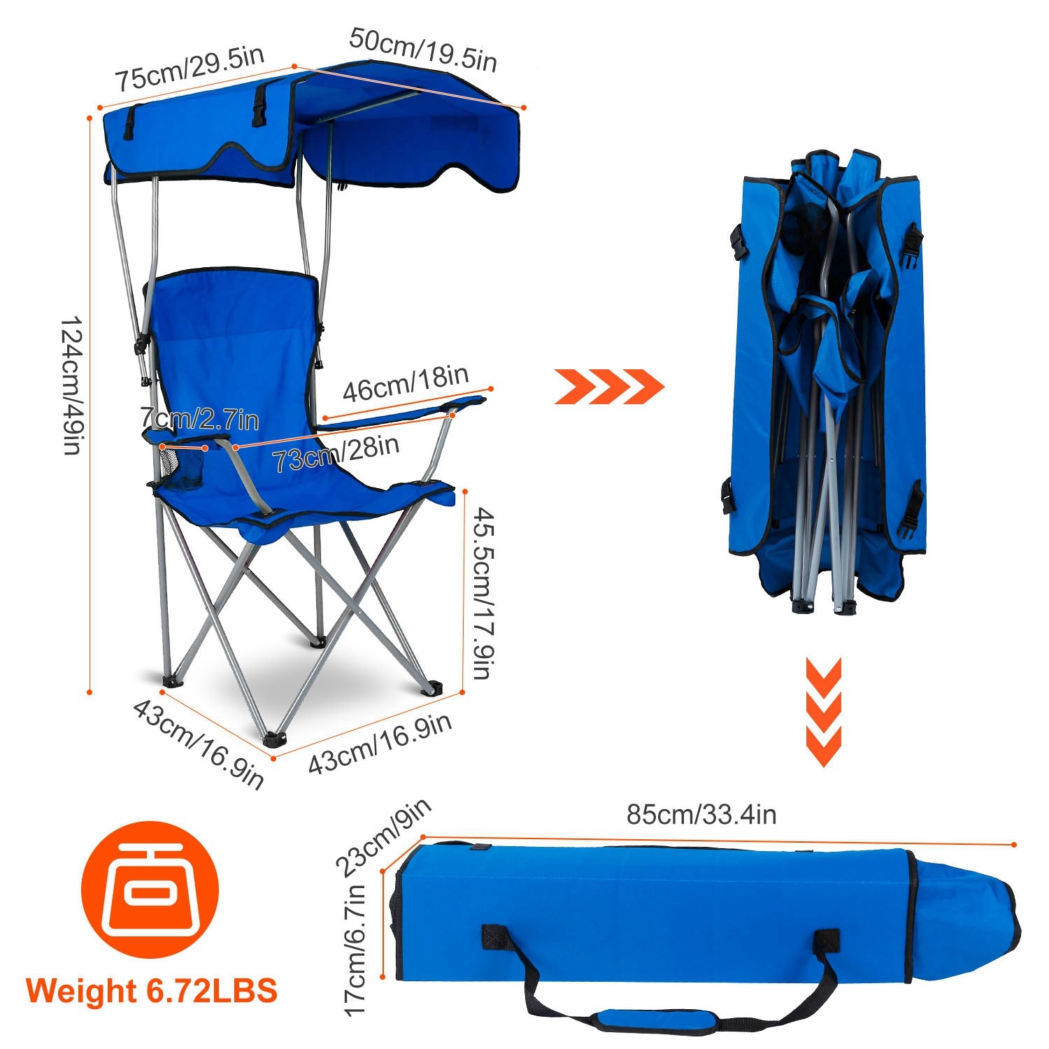 Blue foldable camping chair with canopy and carry bag, with size diagram