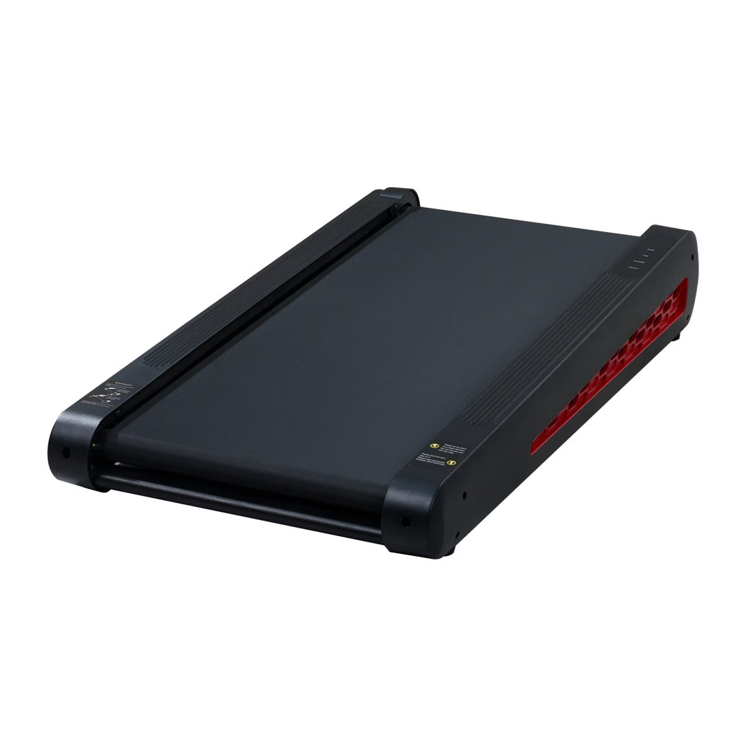 Black portable incline walking pad treadmill with red vent strip and side grip rails