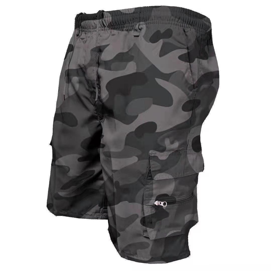 Men’s loose workout shorts in camouflage gray with drawstring waist and cargo pocket