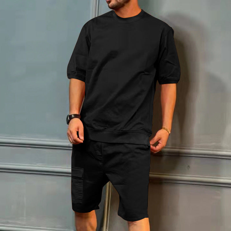 Men's black short-sleeve shirt and knee-length shorts set