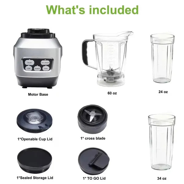 Blender included parts: motor base, 60 oz pitcher, cups, lids, and cross blade