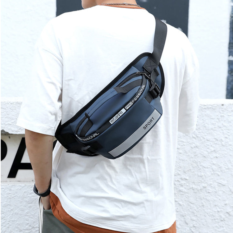 Blue-gray waist bag back view with adjustable strap, cushioned back panel, and logo