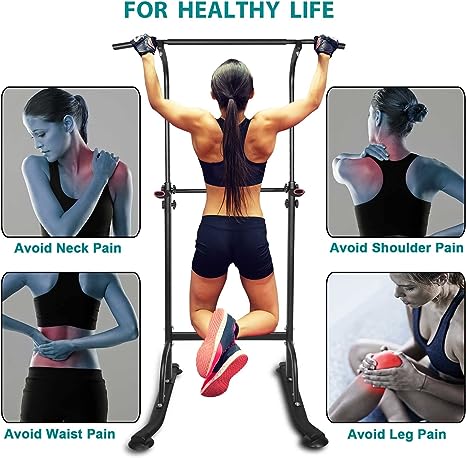 Black power tower workout station with overhead pull-up bar and base frame