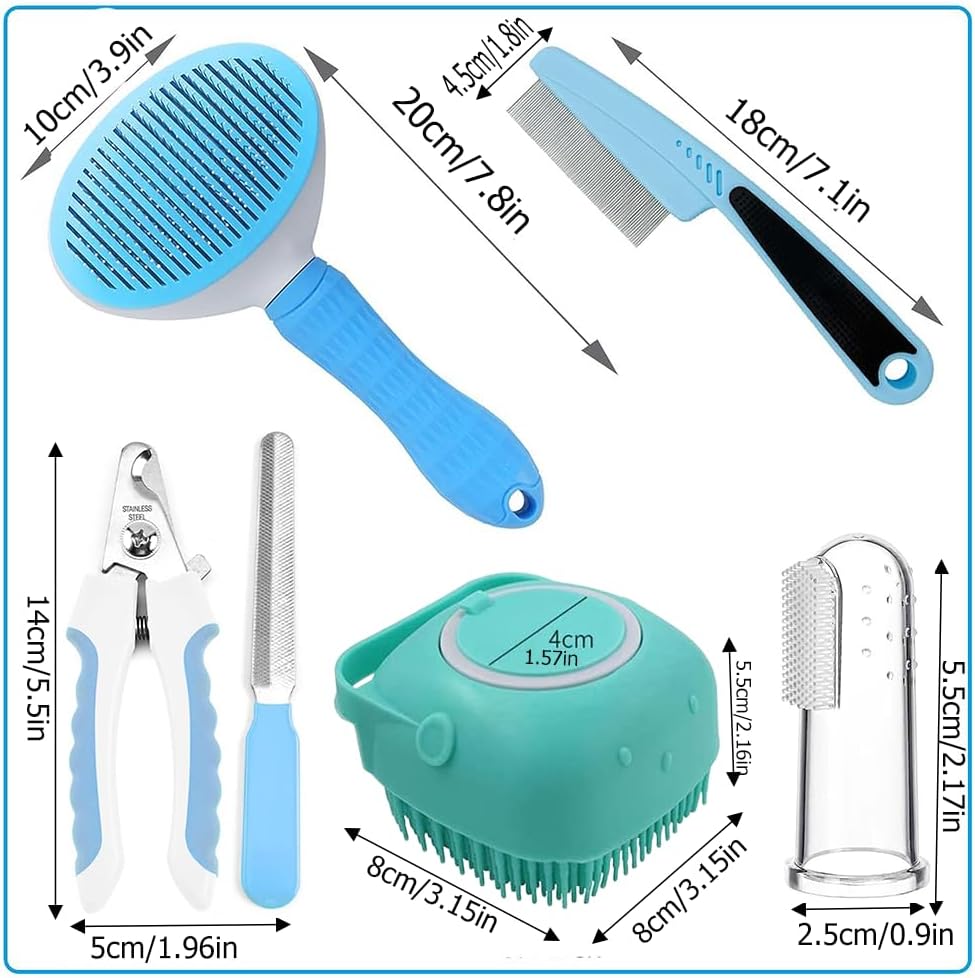 7-piece pet grooming tools shown: blue brush, flea comb, nail clipper, teal bath brush