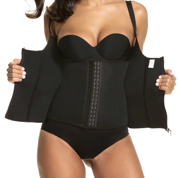 Black back-support vest belt with front zipper and hook-and-eye back closure panels