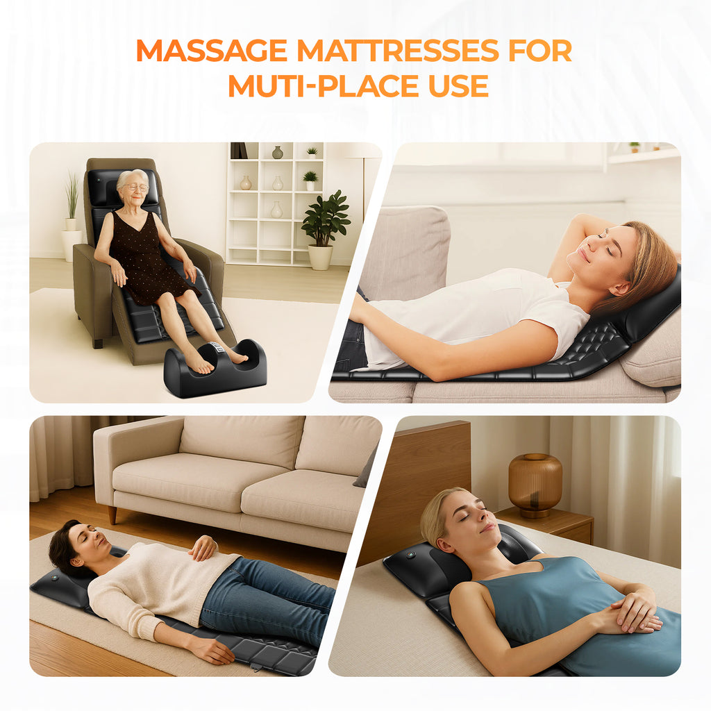 Massage mat for multi-place use with heating and vibration across back and legs