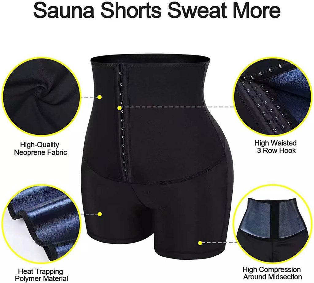 Black high-waisted sauna shorts with 3-row hook panel and compression midsection