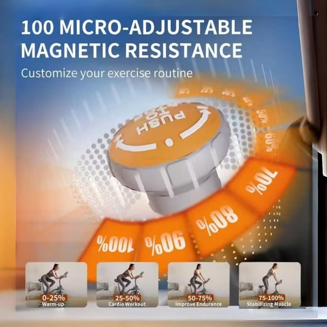 Magnetic resistance wheel with adjustable dial on a black indoor cycling spin bike.