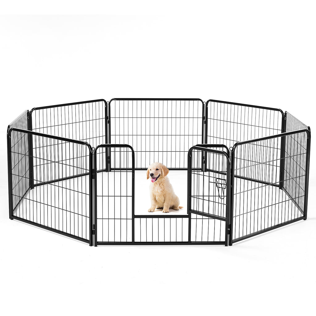 Black 8-panel indoor dog fence with single swing door and wire panels, front view