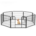 Black 8-panel indoor dog fence with single swing door and wire panels, front view