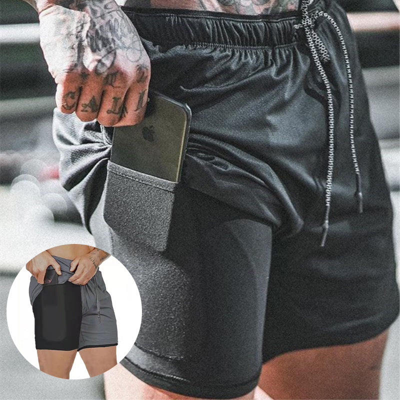 Men’s quick-dry athletic training shorts, black with side phone pocket and drawstring