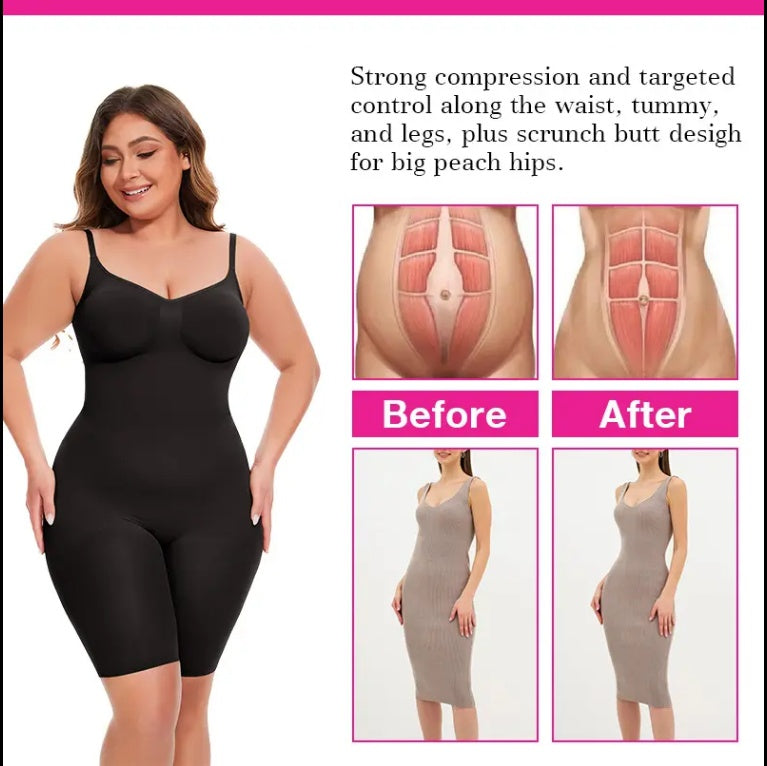 Black shapewear short with waist and tummy control; sculpting before-and-after view