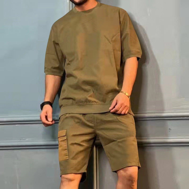 Men's khaki short-sleeve shirt and knee-length shorts set
