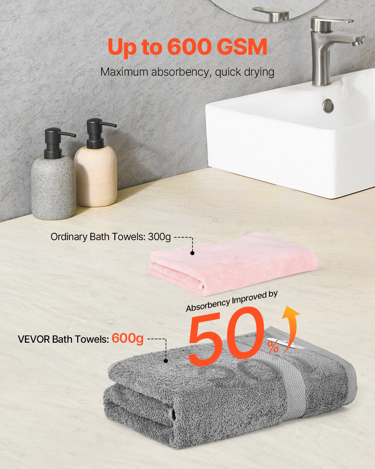 Stack of grey cotton bath towels, neatly folded with plush terry texture