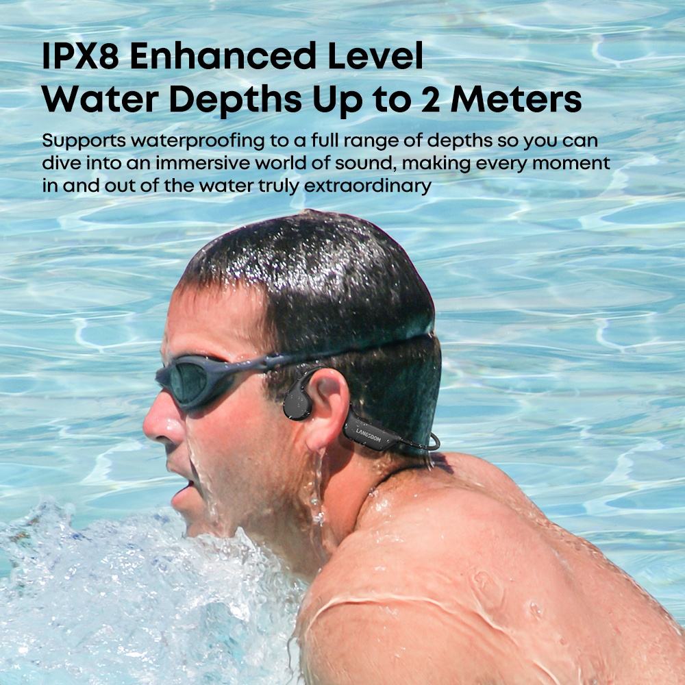 Black waterproof bone-conduction swimming headphones worn by a swimmer