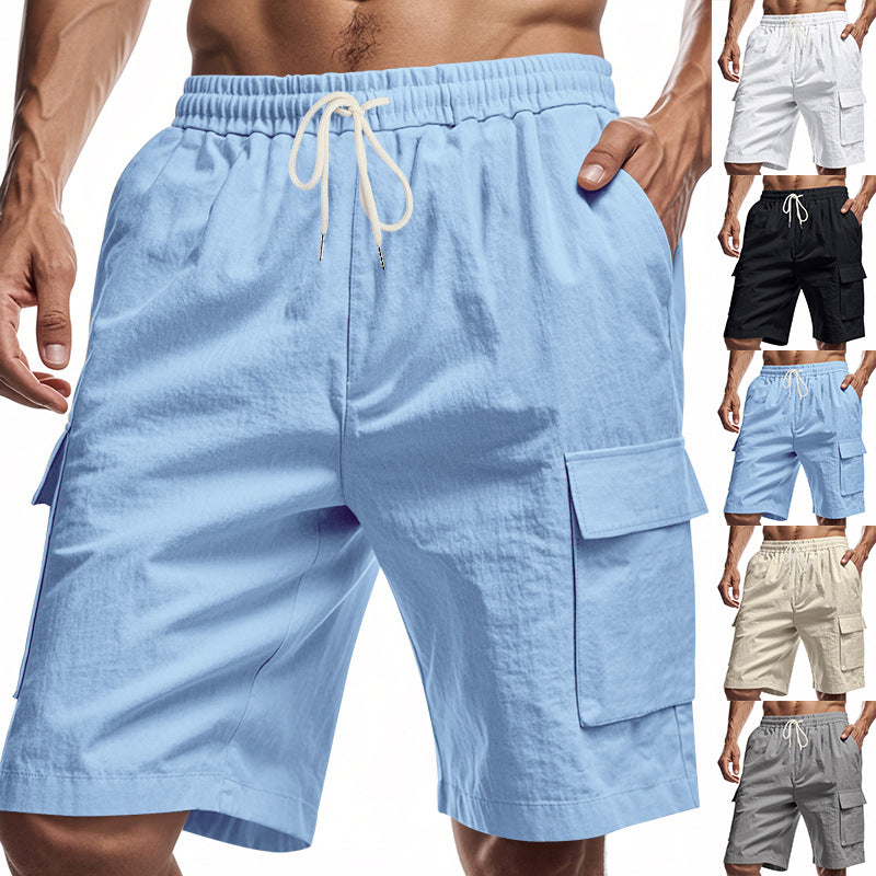 Light blue men’s drawstring cargo shorts with elastic waistband and side flap pockets
