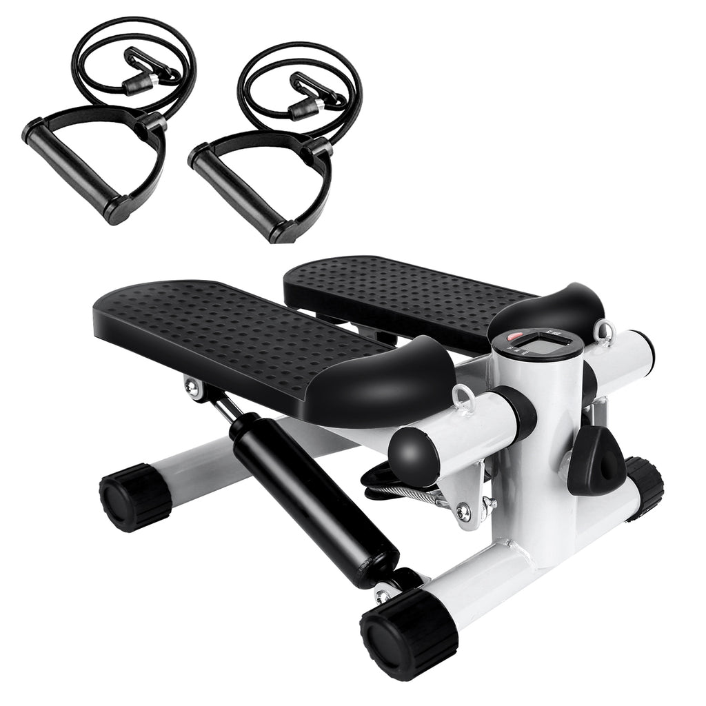 Mini fitness stepper with black textured step pads, silver frame, LCD, and band handles