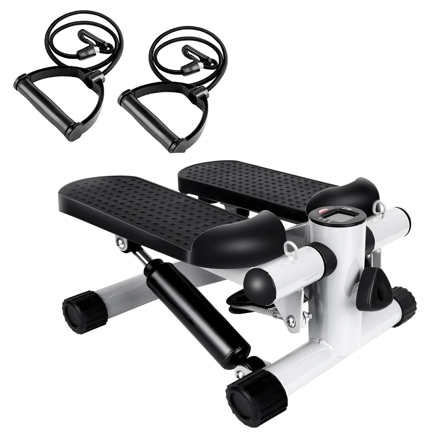 Mini fitness stepper with black textured step pads, silver frame, LCD, and band handles